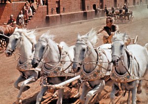 A still from Ben-Hur's awesome chariot race.