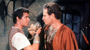 Ben-Hur (Charlton Heston) and friend-turned-rival Messala (Stepehen Boyd). According to the book Inside Oscar, one of the movie's five writers intentionally added homoeroticism to the relationship, but Heston was left in the dark about it. 